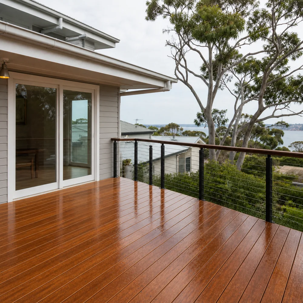 Freshly cleaned timber deck overlooking the water