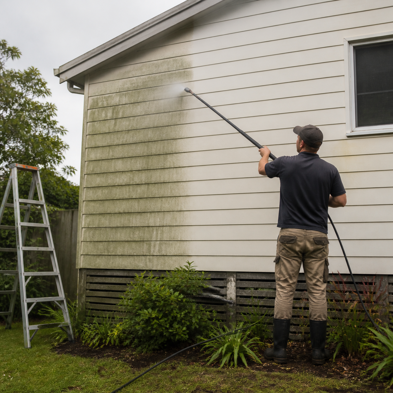 Soft washing the exterior wall of a home
